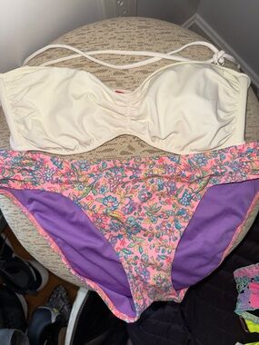 Victoria's Secret Cream Bandeau Top with Pink Floral & Purple-Lined Bottom
